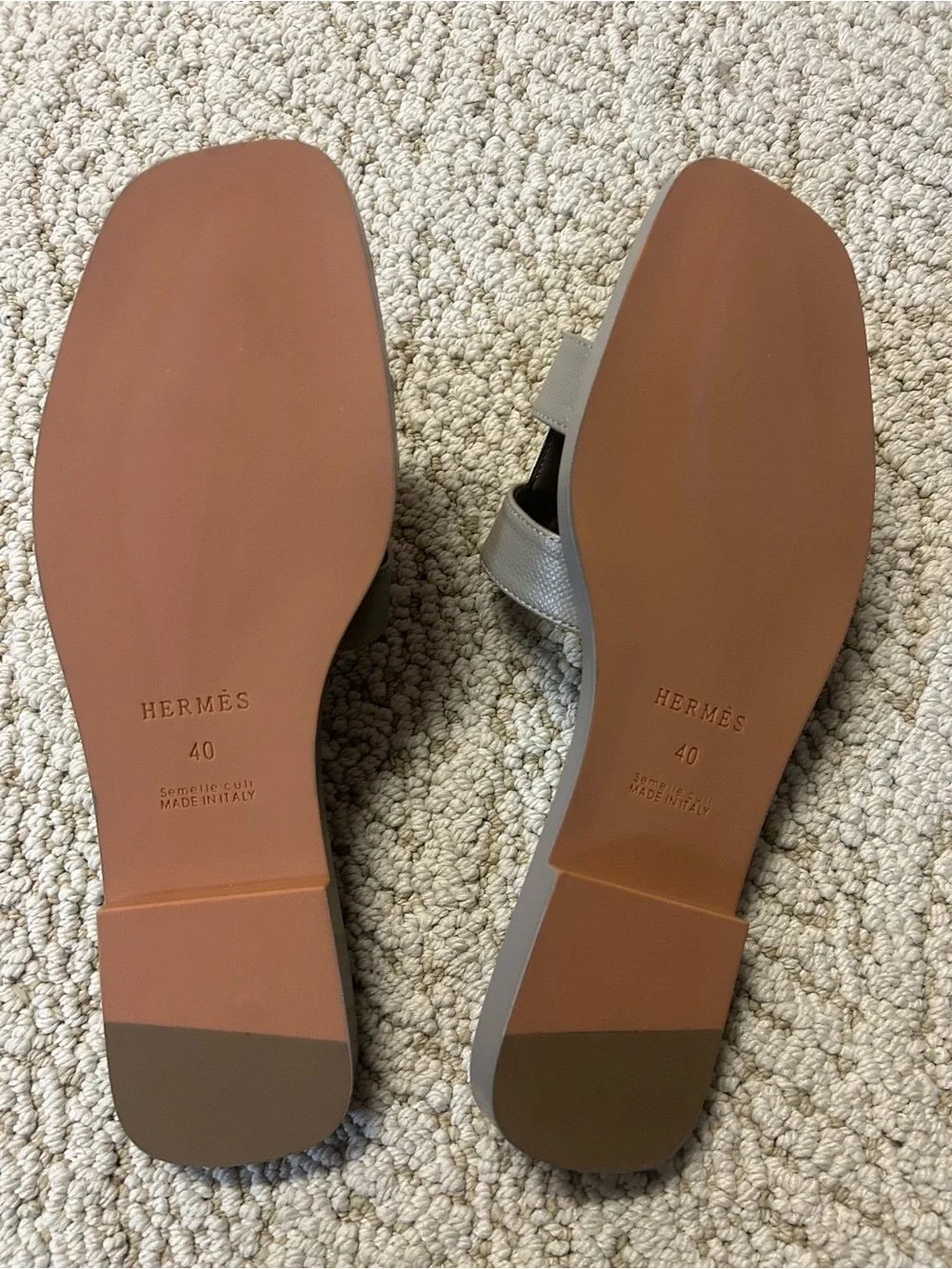 Hermes Taupe H‑Cut Leather Slide Sandals